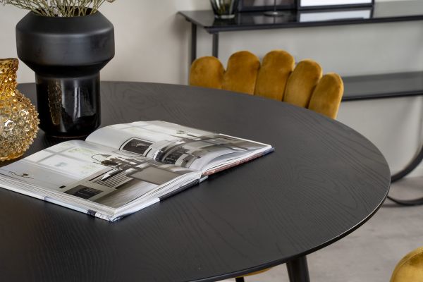 Imagine Dipp Dining Table - 115cm - Black Veneer / black legs w brass dipp +Limhamn Light - Chair - Gold Velvet_4