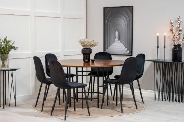 Set masa rotunda 140 cm nuc/negru Copenhaga cu 6 scaune catifea