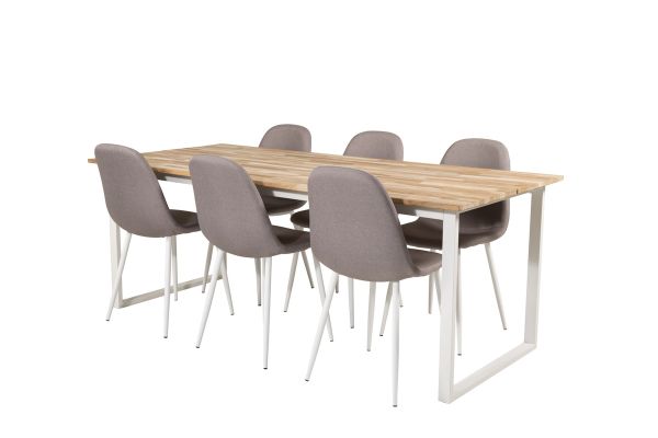 Imagine Masa de dining Cirebon 200*90cm - Teak / Alb + Scaun Polar - Gri, tapițerie albă picioare albe _6