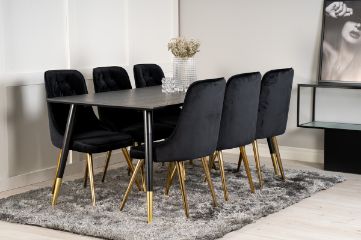 Imagine Masă de dining Dipp - 180*90cm - Furnir negru / picioare negre cu dipp din alamă - Scaun Velvet Deluxe - Negru / Picioare mate din alamă 6