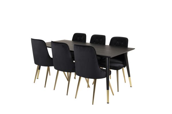 Imagine Masă de dining Dipp - 180*90cm - Furnir negru / picioare negre cu dipp din alamă - Scaun Velvet Deluxe - Negru / Picioare mate din alamă 6