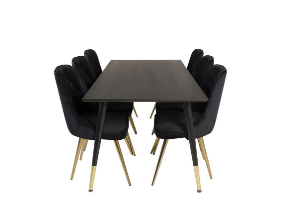 Imagine Masă de dining Dipp - 180*90cm - Furnir negru / picioare negre cu dipp din alamă - Scaun Velvet Deluxe - Negru / Picioare mate din alamă 6