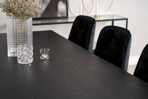 Imagine Masă de dining Dipp - 180*90cm - Furnir negru / picioare negre cu dipp din alamă - Scaun Velvet Deluxe - Negru / Picioare mate din alamă 6