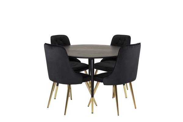 Imagine Masa de dining Dipp - 115cm - Furnir negru / picioare negre cu dipp de alamă - Scaun Velvet Deluxe - Negru / Picioare de alamă mată 4