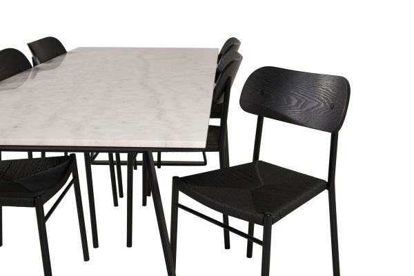 Imagine Masa de dining Estelle 200*90 Marmură Albă / Picioare Negre + Scaun de dining Polly - Negru / Negru _6