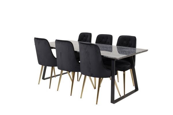 Imagine Masa de dining Estelle 200*90 din marmură gri / picioare negre - 6 scaune Velvet Deluxe - Negru / Picior metalic mozaic mat