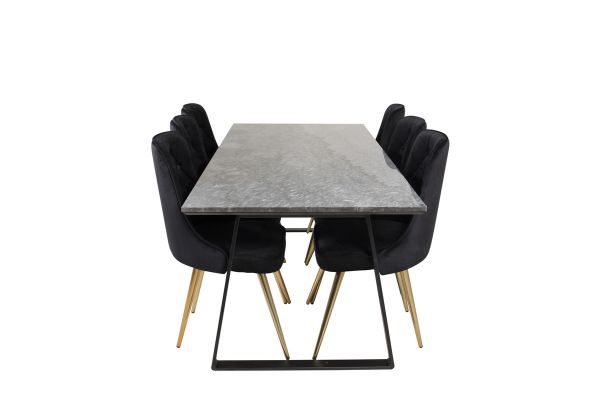 Imagine Masa de dining Estelle 200*90 din marmură gri / picioare negre - 6 scaune Velvet Deluxe - Negru / Picior metalic mozaic mat