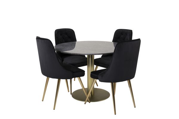 Imagine Masa de dining rotunda Estelle, 106cm, marmură gri/bronz - scaun Velvet Deluxe - negru/picioare bronz mat 4