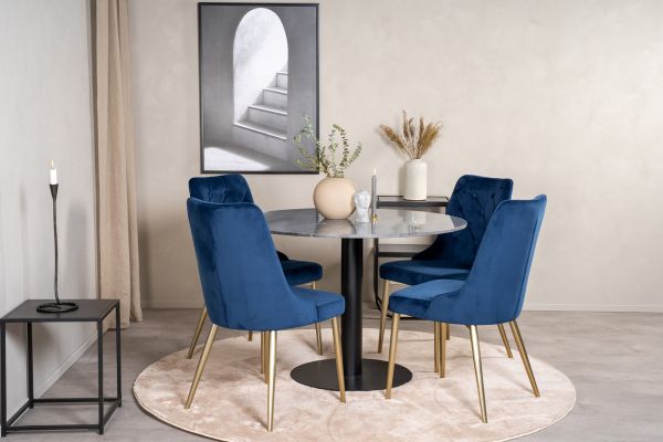 Imagine Vă rugăm să traduceți complet Estelle Dining Table round 106cm Grey Marble / Black Legs - Velvet Deluxe Chair - Blue/Matt Brass Leg 4