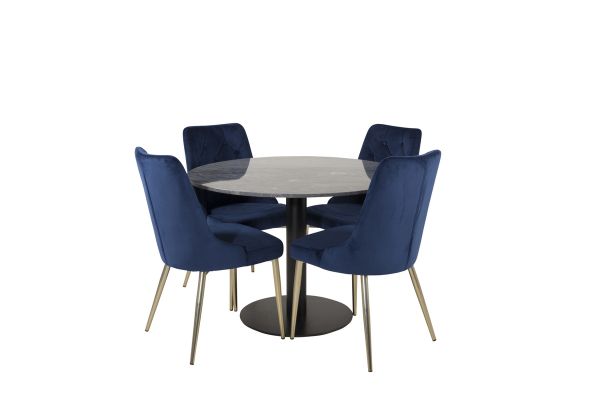 Imagine Vă rugăm să traduceți complet Estelle Dining Table round 106cm Grey Marble / Black Legs - Velvet Deluxe Chair - Blue/Matt Brass Leg 4