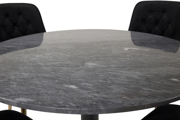 Imagine Masa de dining Estelle rotundă 106cm marmură gri / picioare negre - scaun Deluxe din catifea - negru / picior din alamă mat 4