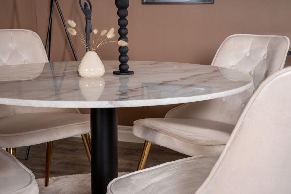 Imagine Vă rugăm să traduceți complet Estelle runt Matbord - Svart / Vit marmor - ø106*H75+Velvet Deluxe Dining Chair - Brushed brass leg / Beige Velvet_4