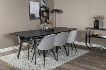 Imagine Masă extensibilă din lemn masiv - 180/220*85*H76 Veneer negru - picioare negre - detalii din alamă+ Scaun de dining din catifea - Gri deschis / Negru_6