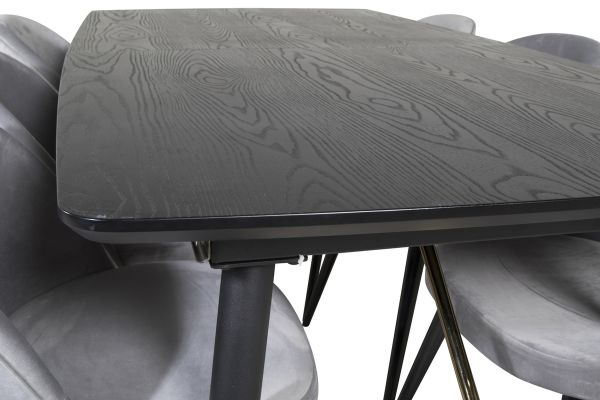 Imagine Masă extensibilă din lemn masiv - 180/220*85*H76 Veneer negru - picioare negre - detalii din alamă+ Scaun de dining din catifea - Gri deschis / Negru_6