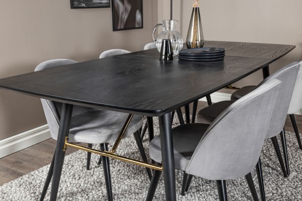 Imagine Masă extensibilă din lemn masiv - 180/220*85*H76 Veneer negru - picioare negre - detalii din alamă+ Scaun de dining din catifea - Gri deschis / Negru_6