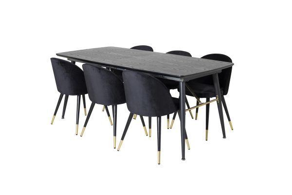 Imagine Masa extensibila din aur - 180/220*85*H76 Furnir negru - Picioare negre - Detalii din alama + Scaun de dining din catifea cu detaliu din alama - Negru / Negru_6