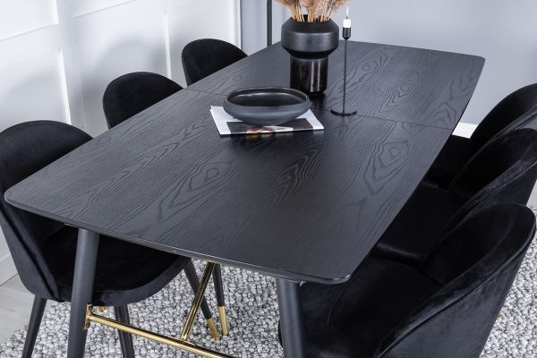 Imagine Masa extensibila din aur - 180/220*85*H76 Furnir negru - Picioare negre - Detalii din alama + Scaun de dining din catifea cu detaliu din alama - Negru / Negru_6