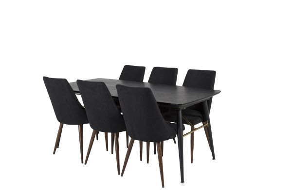 Imagine Masa extensibila Gold - 180/220*85*H76 Furnir negru - Picioare negre - Detalii din alama+ Scaun de dining Leone - Picioare din nuca - Material negru_6