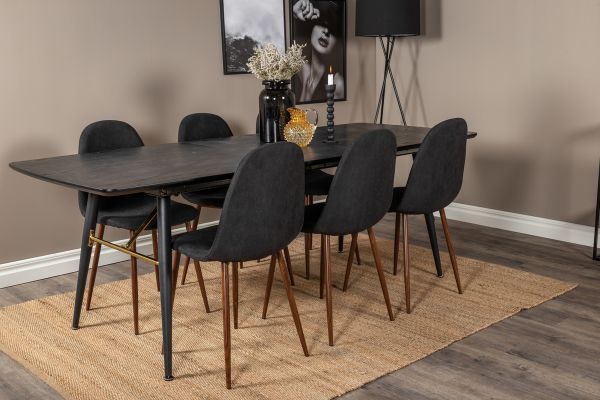 Imagine Gold Extention table - 180/220*85*H76 Black Veneer - Black legs - Brass details+Polar Dining Chair - Walnut Legs - Black Fabric_6