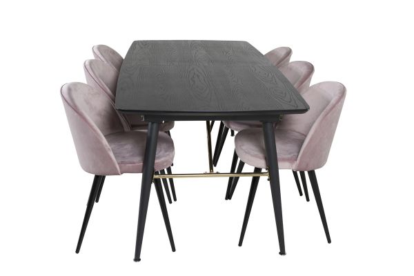 Imagine Masa extensibila din serie Gold - 180/220*85*H76 Furnir negru - Picioare negre - Detalii din alama + Scaun de dining Velvet - Roz / Negru_6