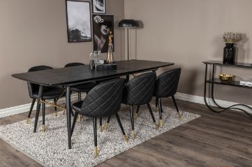 Imagine Tabel extensibil Gold - 180/220*85*H76 Furnir negru - Picioare negre - Detalii din alama + Scaun de dining cu stantare - PU - Negru / Negru_6