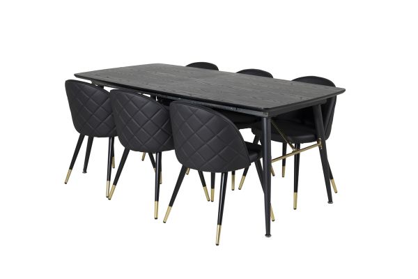 Imagine Tabel extensibil Gold - 180/220*85*H76 Furnir negru - Picioare negre - Detalii din alama + Scaun de dining cu stantare - PU - Negru / Negru_6