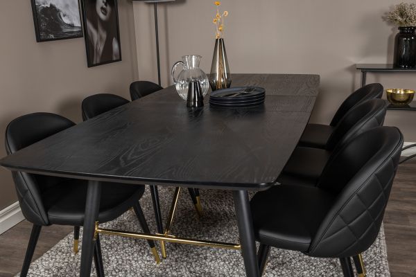 Imagine Tabel extensibil Gold - 180/220*85*H76 Furnir negru - Picioare negre - Detalii din alama + Scaun de dining cu stantare - PU - Negru / Negru_6