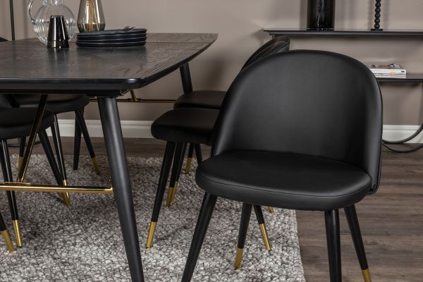 Imagine Tabel extensibil Gold - 180/220*85*H76 Furnir negru - Picioare negre - Detalii din alama + Scaun de dining cu stantare - PU - Negru / Negru_6