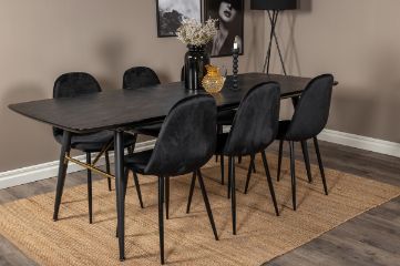 Imagine Masă extensibilă aurie - 180/220 * 85 * H76 Furnir negru - Picioare negre - Detalii din alamă + Scaun de dining Polar - Picioare negre / Catifea neagră (înlocuiește 19902-888)_6