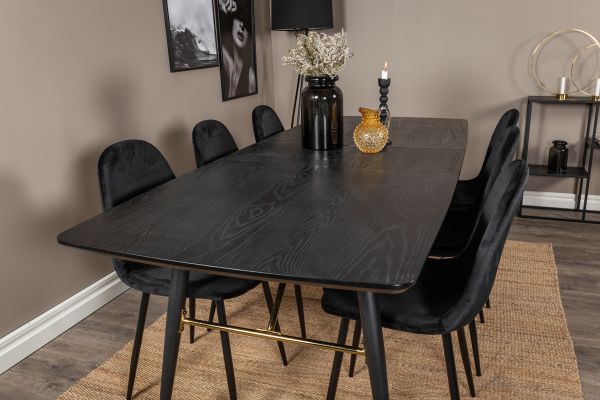 Imagine Masă extensibilă aurie - 180/220 * 85 * H76 Furnir negru - Picioare negre - Detalii din alamă + Scaun de dining Polar - Picioare negre / Catifea neagră (înlocuiește 19902-888)_6