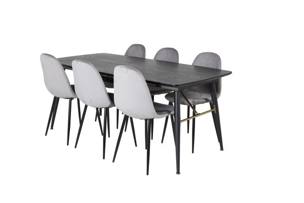 Imagine Table de extensie Gold - 180/220*85*H76 Furnir negru - Picioare negre - Detalii din alamă + Scaun de dining Polar - Picioare negre / Velur gri deschis (înlocuiește 19902-885)_6