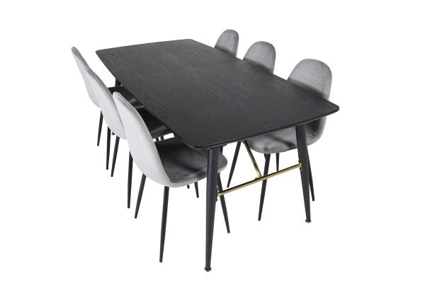 Imagine Table de extensie Gold - 180/220*85*H76 Furnir negru - Picioare negre - Detalii din alamă + Scaun de dining Polar - Picioare negre / Velur gri deschis (înlocuiește 19902-885)_6