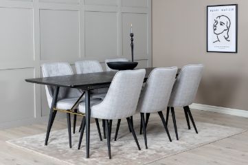 Imagine Tabel extensibila Gold - 180/220*85*H76 Furnir negru - Picioare negre - Detalii de arama + Scaun de dining Deluxe din catifea - Picioare negre - Material gri deschis_6