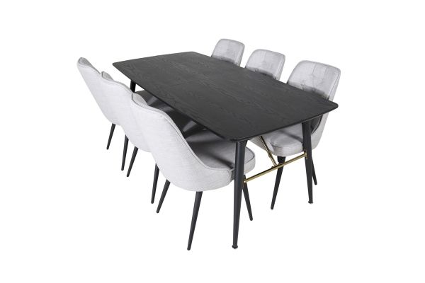 Imagine Tabel extensibila Gold - 180/220*85*H76 Furnir negru - Picioare negre - Detalii de arama + Scaun de dining Deluxe din catifea - Picioare negre - Material gri deschis_6