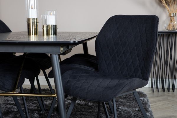 Imagine Masa extensibila Gold - 180/220*85*H76 Furnir negru - Picioare negre - Detalii din alama + Scaun de dining Gemma - Picioare negre - Material negru