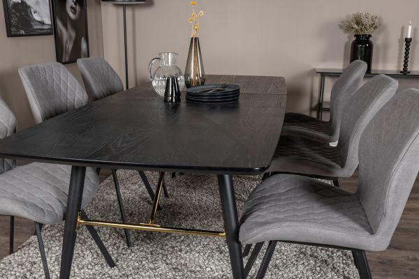 Imagine Masa extensibila Gold - 180/220*85*H76 Furnir negru - Picioare negre - Detalii din alama+ Scaun de dining Gemma - Picioare negre - Material gri_6