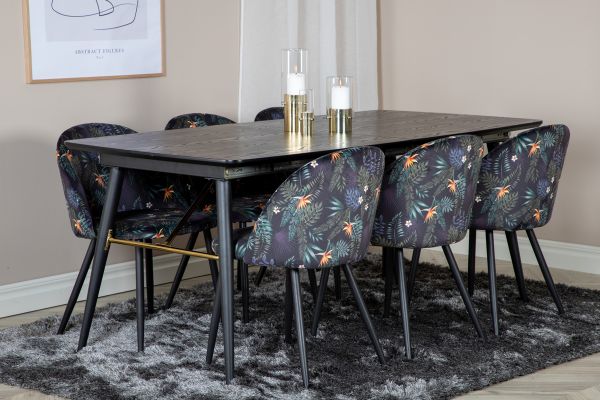 Imagine Masa extensibila Gold - 180/220*85*H76 Furnir negru - Picioare negre - Detalii din alama + Scaun de dining din catifea - Material cu model floral negru_6