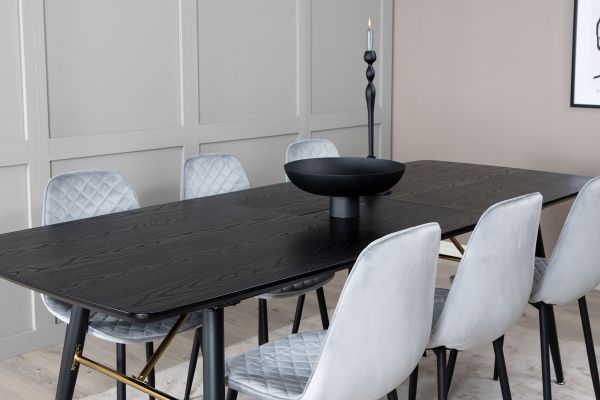 Imagine Tabel extensibil Gold - 180/220*85*H76 Furnir negru - Picioare negre - Detalii din alama + Scaun de dining Diamond Polar - Picioare negre - Velur gri_6