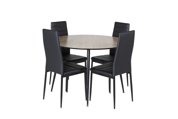 Imagine Masa de dining Silar - Rotundă 100 cm - "Aspect Lemn" Melamină / Picioare Negre+Scaun de Dining cu Spătar Înalt și Slim - Picioare Negre - PU Negru_4