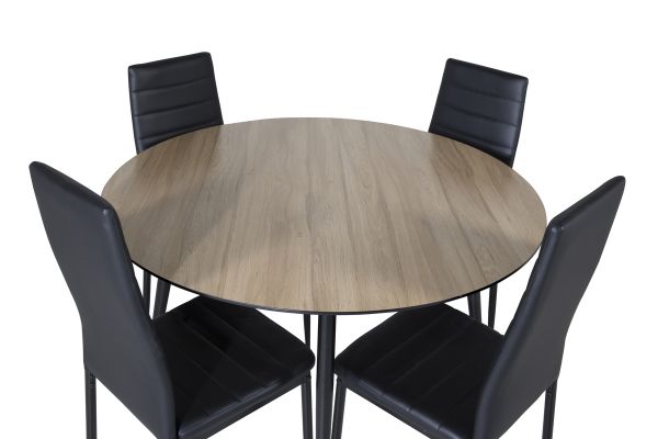 Imagine Masa de dining Silar - Rotundă 100 cm - "Aspect Lemn" Melamină / Picioare Negre+Scaun de Dining cu Spătar Înalt și Slim - Picioare Negre - PU Negru_4