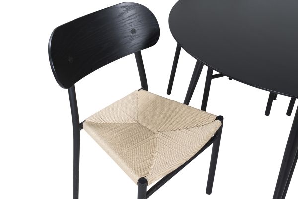 Imagine Masa de dining Silar - Rotundă 100 cm - Melamină Neagră / Picioare Negre + Scaun de dining Polly - Negru / Natural - set de 4