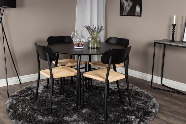 Imagine Masa de dining Silar - Rotundă 100 cm - Melamină Neagră / Picioare Negre + Scaun de dining Polly - Negru / Natural - set de 4