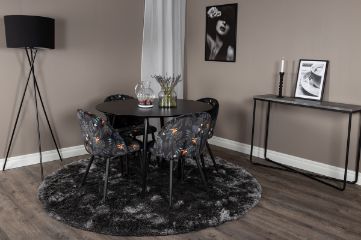 Imagine Masa de dining Silar - Rotunda 100 cm - Melamina neagră / Picioare negre + Scaun de dining din catifea - Țesătura neagră cu floricele_4