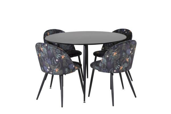 Imagine Masa de dining Silar - Rotunda 100 cm - Melamina neagră / Picioare negre + Scaun de dining din catifea - Țesătura neagră cu floricele_4