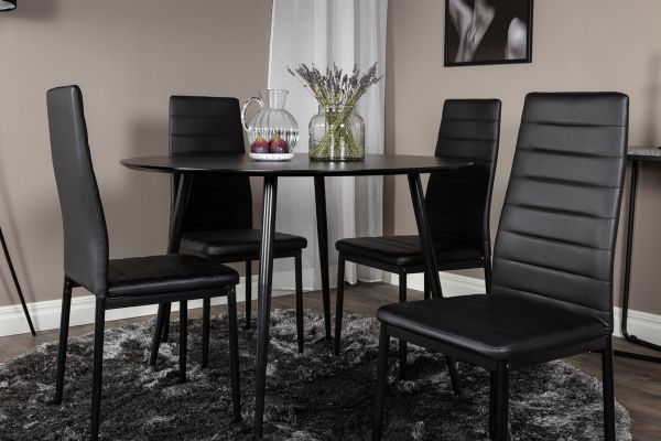 Imagine Masa de dining Silar - rotunda 100 cm - melamina neagră / picioare negre + scaun de dining cu spătar înalt subțire - picioare negre - PU negru_4