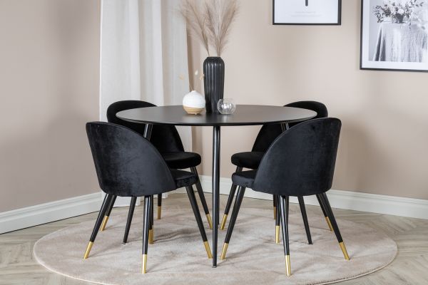 Imagine Masa de dining Silar - rotundă 100 cm - Melamină neagră / picioare negre + Scaun de dining Velvet - Brass - Negru / negru_4