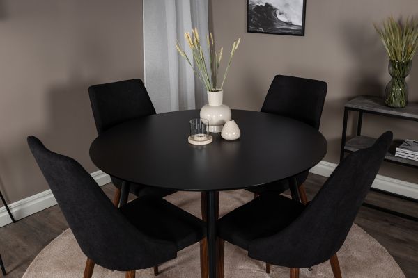 Imagine Masa de dining Silar - Rotunda 100 cm - Melamina neagră / Picioare negre + Scaun de dining Leone - Picioare din nuc - Material negru_4