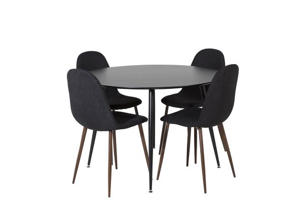 Imagine Masa de dining Silar - Rotunda 100 cm - Melamina neagră / Picioare negre + Scaun de dining Polar - Picioare de nuc - Țesătură neagră_4