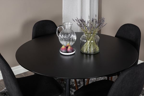 Imagine Masa de dining Silar - Rotunda 100 cm - Melamina neagră / Picioare negre + Scaun de dining Polar - Picioare de nuc - Țesătură neagră_4