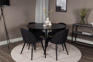 Imagine Masa de dining Silar - Rotunda 100 cm - Melamina neagră / Picioare negre+Scaun de dining din catifea - Picioare negre - Țesătură neagră_4